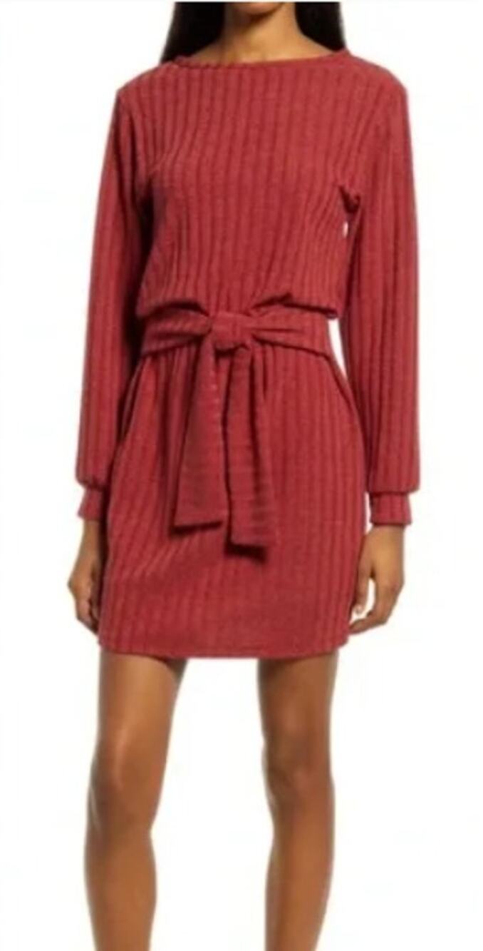 Fraiche by J Tie Front Long Sleeve Sweater Dress Boat Neck Red Orange Womens S
